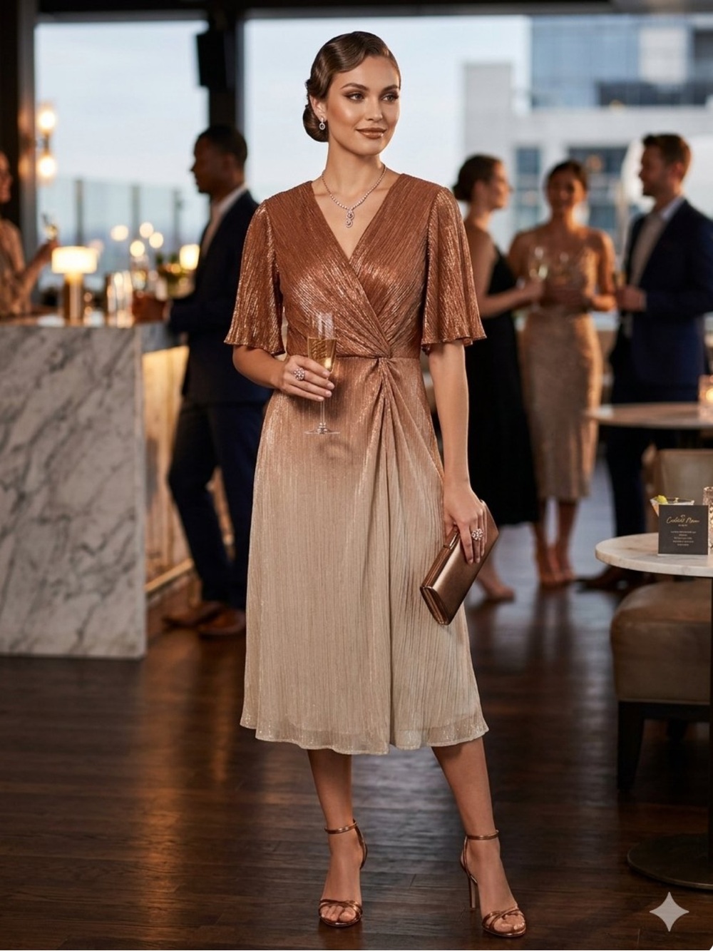 Taylor Rose Gold Plisse Flutter Sleeve Midi Cocktail Dress Size Medium